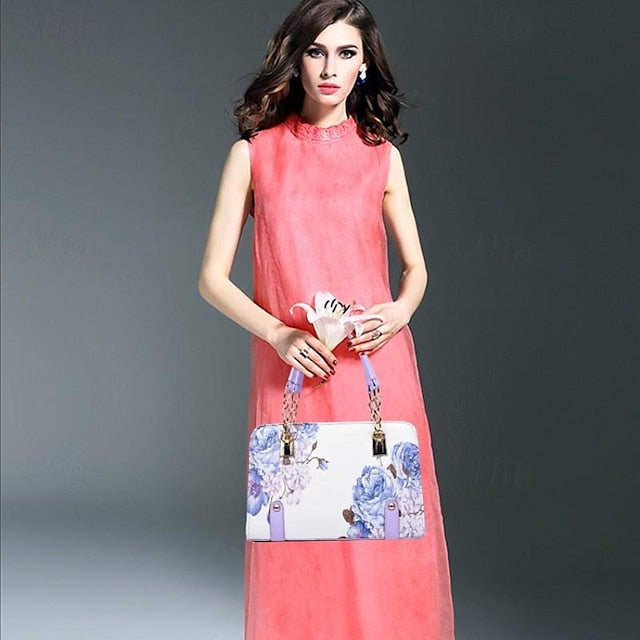 Stylish PU Leather Handbag for Women – Large Capacity Geometric Flower Design Purple Green Wine Purple-Green-Wine-Red-Black-