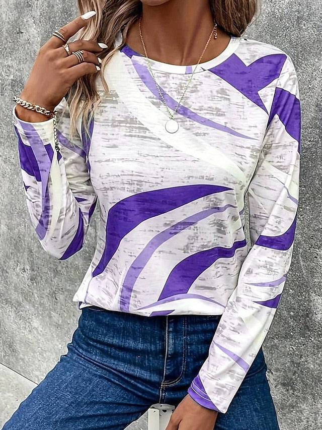 Stylish Women's Long Sleeve Casual T-Shirt with Print - Perfect for Spring Blue / S Blue / M Blue / L Blue / S-Blue / M-Blue / L-Blue / XL-Blue / 2XL-Blue / 3XL-Khaki / S-Khaki / M-Khaki / L-Khaki / XL-Khaki / 2XL-Khaki / 3XL-Purple / S-Purple / M-Purple / L-Purple / XL-Purple / 2XL-Purple / 3XL-