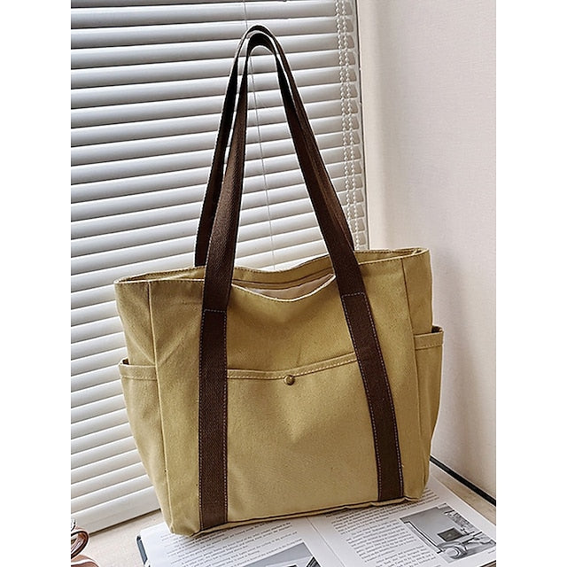 Versatile Women's Canvas Tote Bag - Stylish Large Capacity Shoulder Bag Khaki White Black Khaki-White-Black-