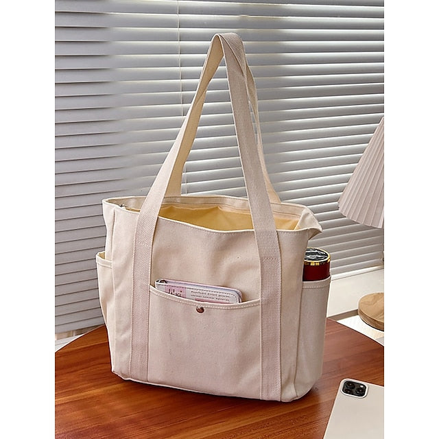 Versatile Women's Canvas Tote Bag - Stylish Large Capacity Shoulder Bag Khaki White Black Khaki-White-Black-