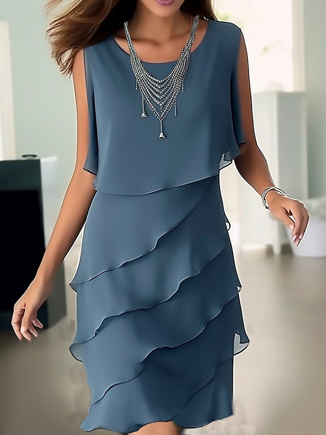 Elegant Ruffle Midi Dress for Women - Perfect Wedding Guest Outfit in Classic Blue