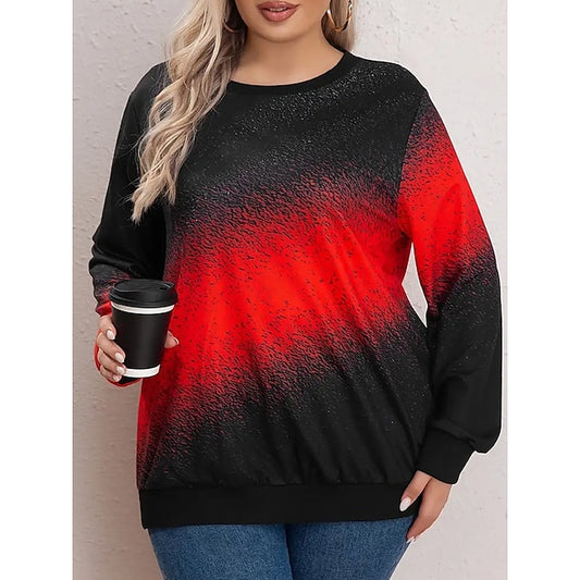 Chic Ombre Pullover Sweatshirt for Plus Size Women - Stylish Long Sleeve Red / 1XL (Plus) Red / 2XL (Plus) Red / 3XL (Plus) Red / 1XL (Plus)-Red / 2XL (Plus)-Red / 3XL (Plus)-Red / 4XL (Plus)-