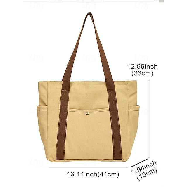 Versatile Women's Canvas Tote Bag - Stylish Large Capacity Shoulder Bag Khaki White Black Khaki-White-Black-