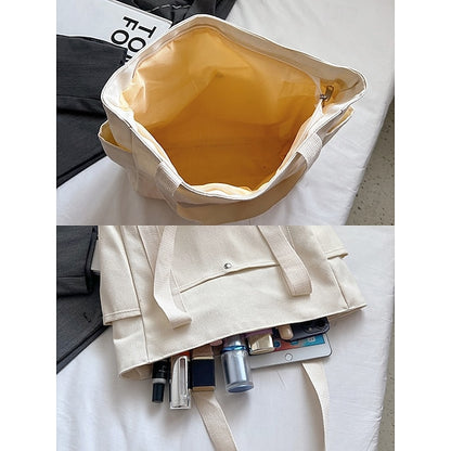 Versatile Women's Canvas Tote Bag - Stylish Large Capacity Shoulder Bag Khaki White Black Khaki-White-Black-