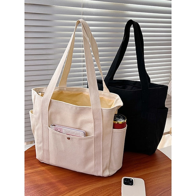 Versatile Women's Canvas Tote Bag - Stylish Large Capacity Shoulder Bag Khaki White Black Khaki-White-Black-