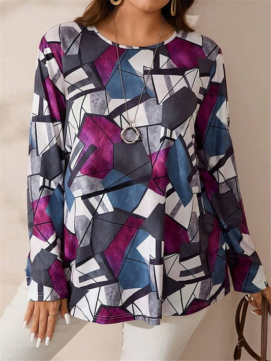 Chic Plus Size Color Block Long Sleeve Tee for Effortless Fall and Winter Style Blue / 1XL (Plus) Blue / 2XL (Plus) Blue / 3XL (Plus) Blue / 1XL (Plus)-Blue / 2XL (Plus)-Blue / 3XL (Plus)-Blue / 4XL (Plus)-