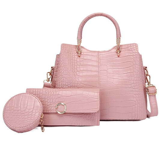 Chic 3-Piece PU Leather Handbag Set for Women - Stylish Office & Casual Carryall Pink Blue Black Pink-Blue-Black-White-Brown-Red-
