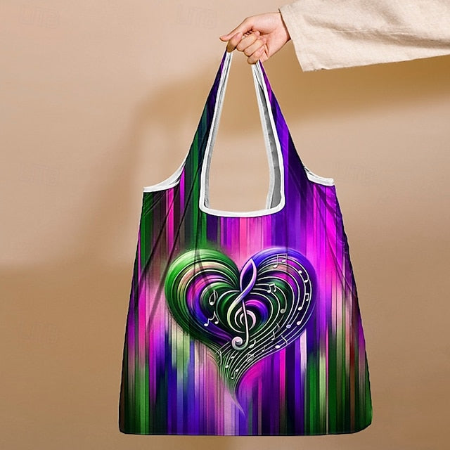 Vibrant Heart Note Tote Bag: Lightweight, Foldable & Stylish for Everyday Use Rainbow Purple Green Rainbow-Purple-Green-