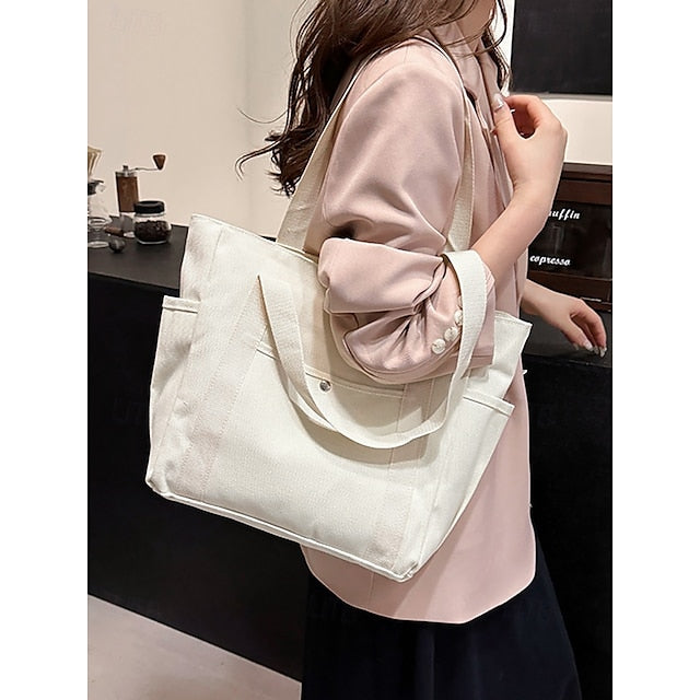 Versatile Women's Canvas Tote Bag - Stylish Large Capacity Shoulder Bag Khaki White Black Khaki-White-Black-