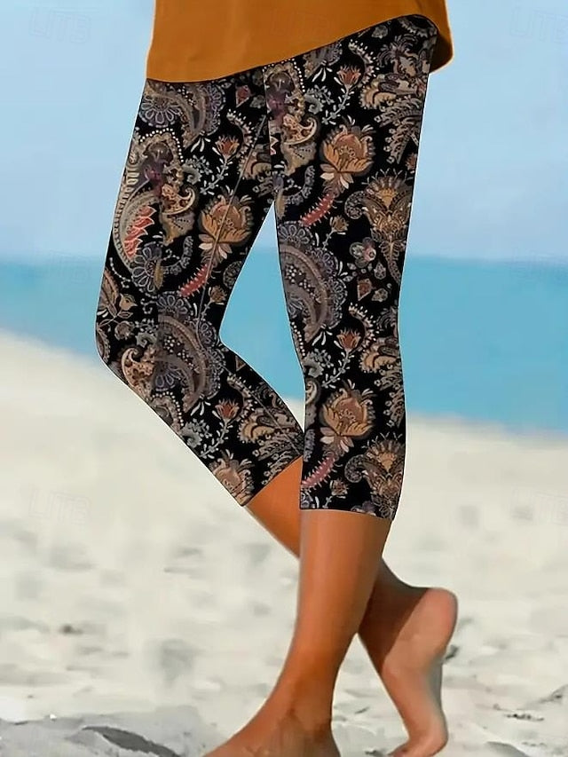 Hawaiian Floral Print Women's Thermal Leggings - Casual Ankle-Length, Soft and Breathable Black Grey / S Black Grey / M Black Grey / L Black Grey / S-Black Grey / M-Black Grey / L-Black Grey / XL-Black Grey / 2XL-